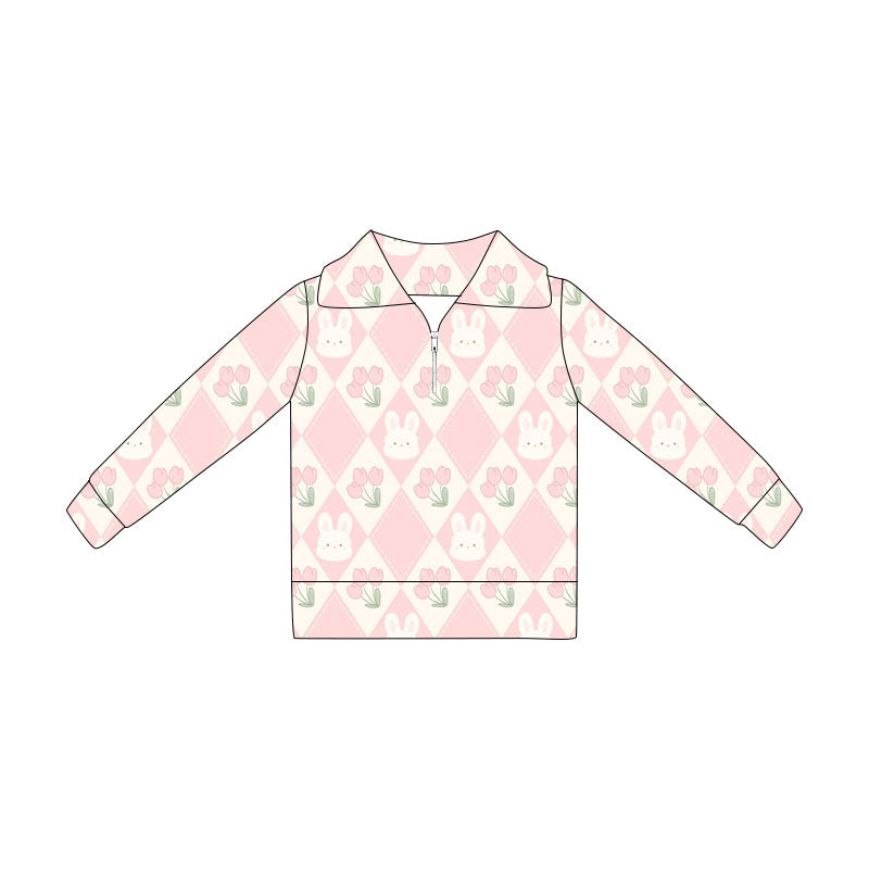 Preorder(moq 5) Baby Girls Rabbits Flowers Easter Zipper Pullovers Top