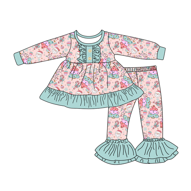 Preorder (moq 5)Baby Girls Long Sleeves Christmas Trees Santa Button Tunic Bell Bottom Pants Set