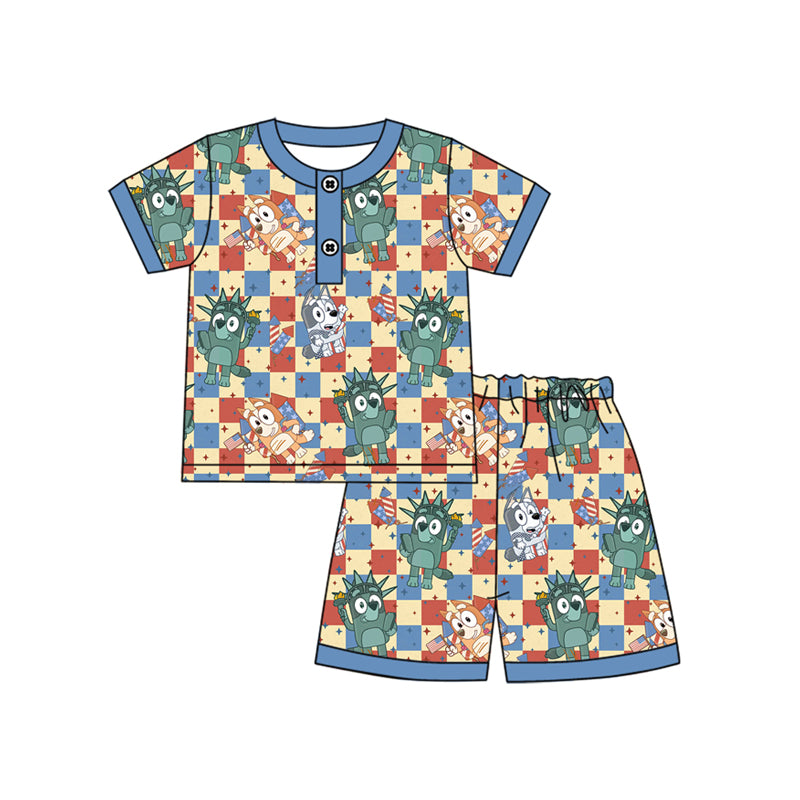 Preorder moq 5 Baby Boys Short Sleeves Cartoon Dogs Flags Button Top Short 4th Of July Pajamas Set