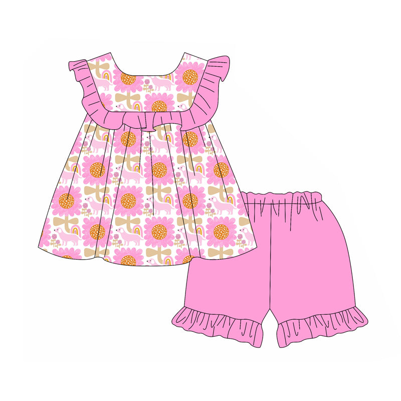 Preorder (moq 5)Baby Girls Pink Flowers Dogs Tunic Ruffle Shorts Clothes Sets
