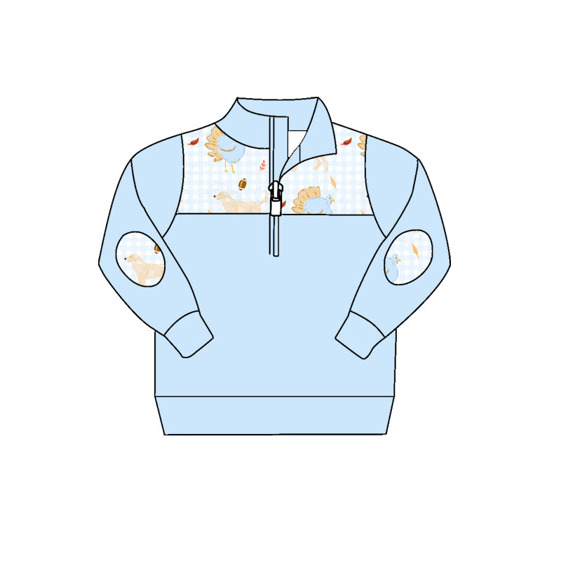 Preorder (moq 5)Baby Boys Blue Long Sleeve Dogs Turkey Footballs Zip Pullovers Top