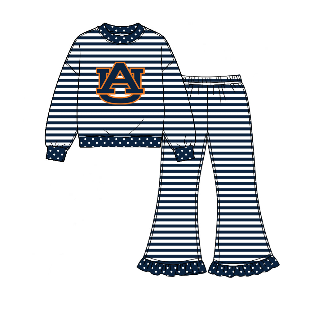 Preorder (moq 5) Baby Girl Clothes Auburn Tigers AU Logo Striped Print Long Sleeve Top Ruffle Flare Pant Outfit Set