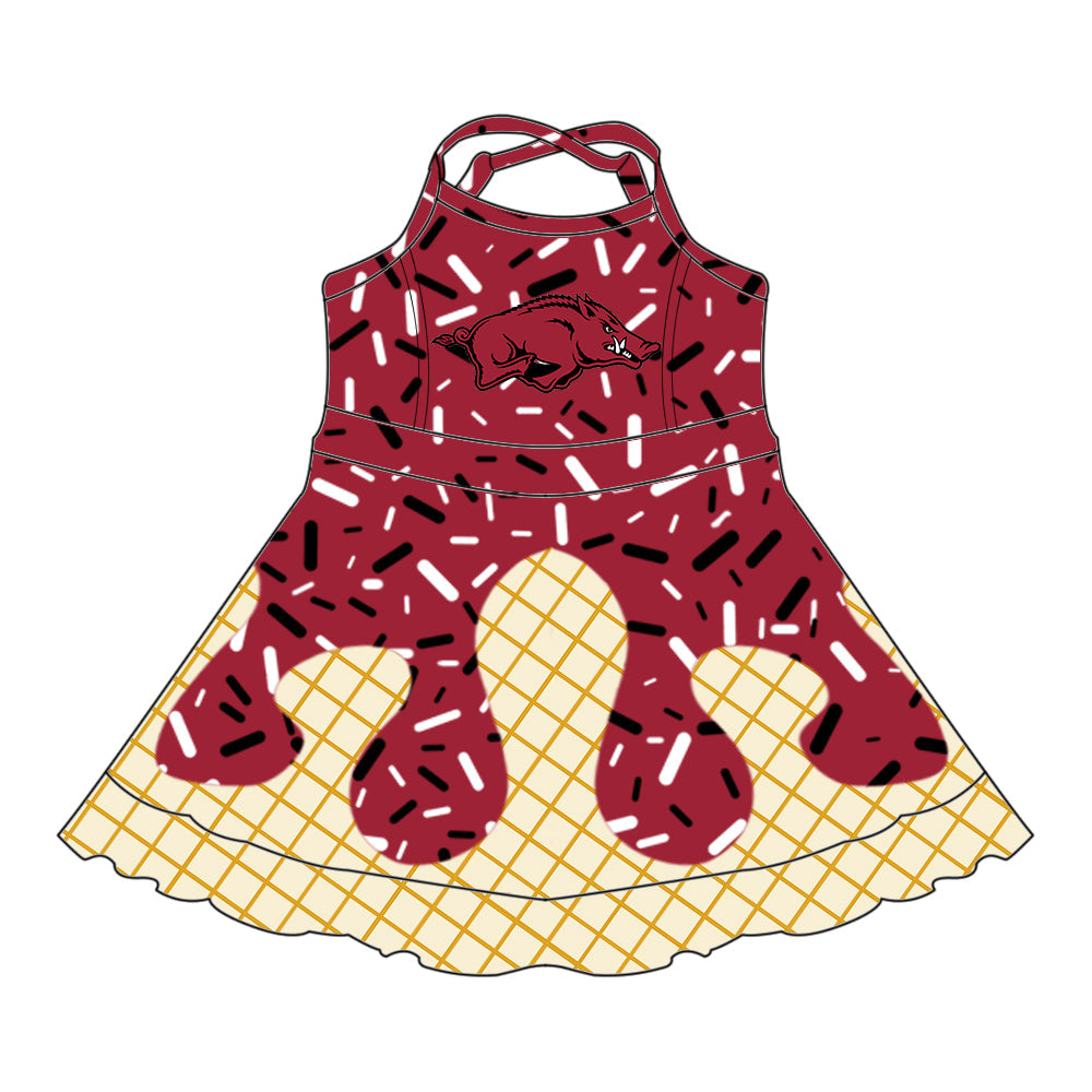 Preorder (moq 5)Baby Girls Drip Sprinkles Red Arkansas Team Shorts Ruffle Knee Length Dress