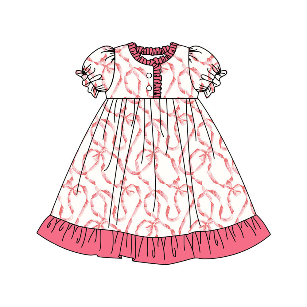 Preorder (moq 5)Baby Girls Red Bows Lines Knee Length Gowns Dresses