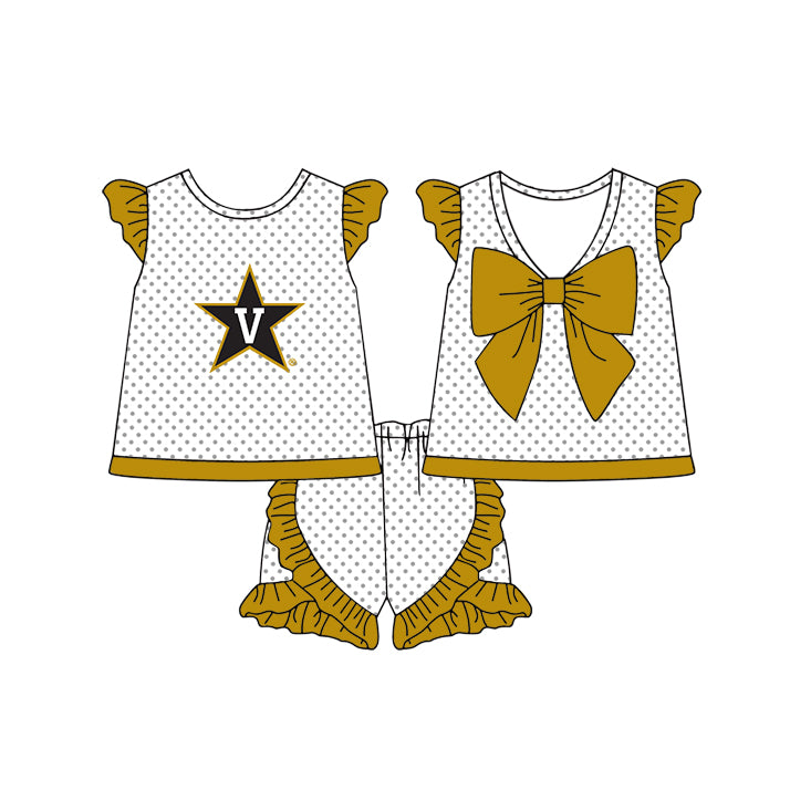Preorder (moq 5)Baby Girls Vanderbilt Polka Dots Back Bow Tunic Ruffle Shorts Team Clothes Sets
