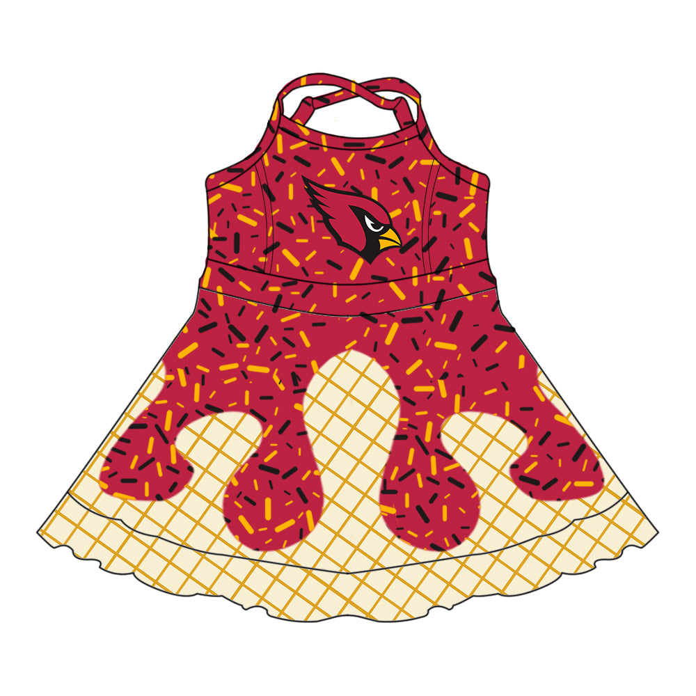 Preorder (moq 5)Baby Girls Drip Sprinkles Arizona Cardinals Team Shorts Ruffle Knee Length Dress
