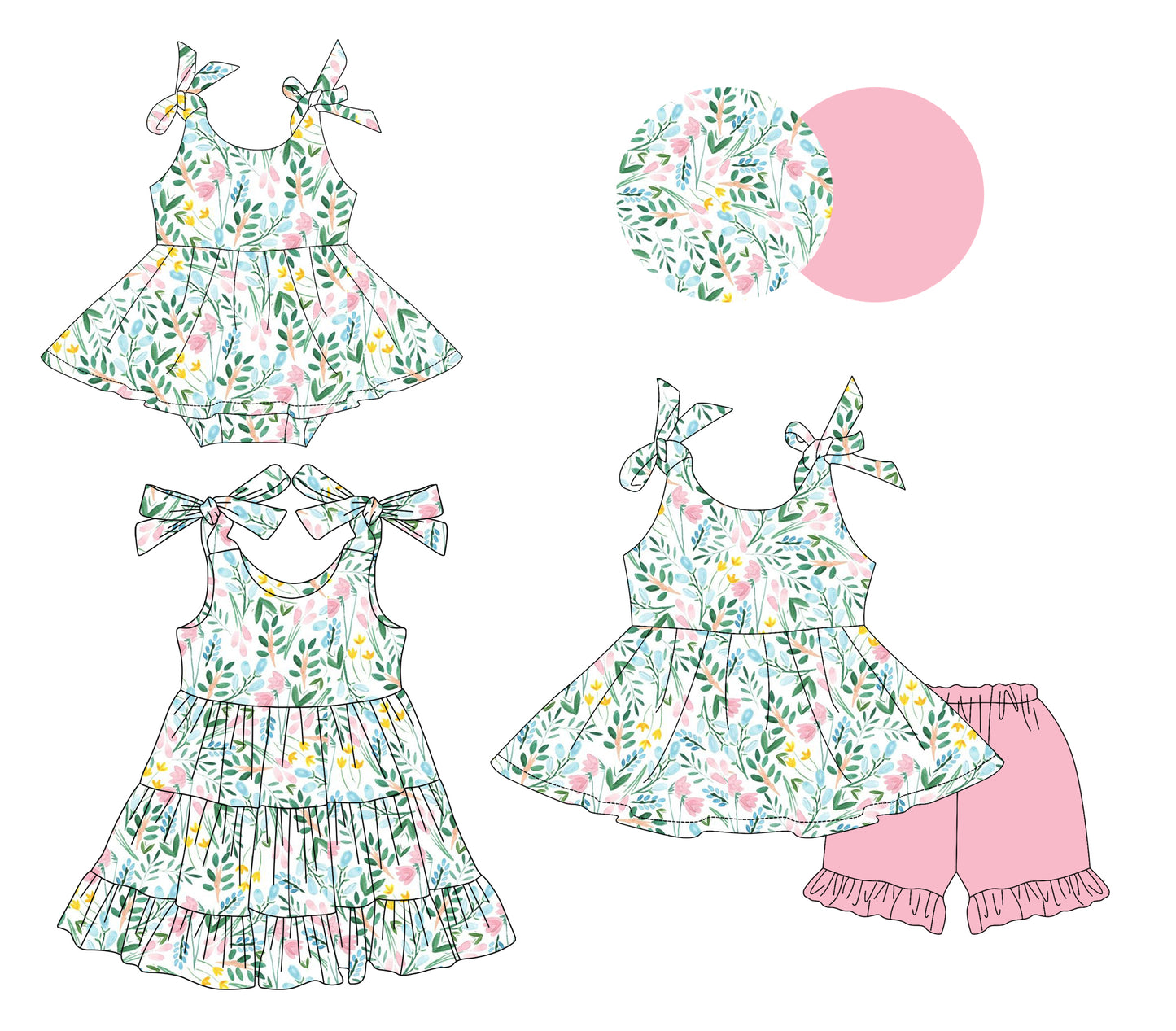 Preorder moq 5 Custom Baby Girls Floral Tunic Pink Ruffle Short Set Knee Length Dress Bummies Dress Rompers