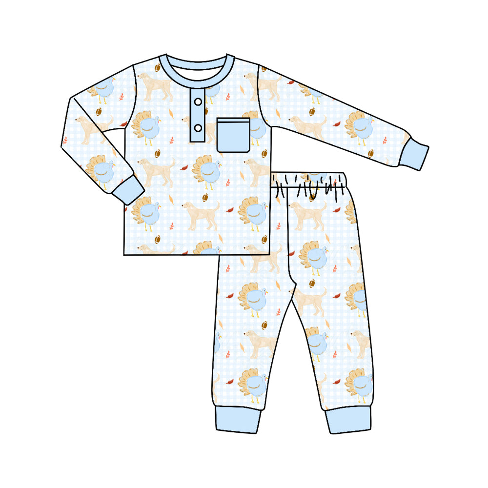 Preorder (moq 5)Baby Boys Dog Footballs Button Pocket Top Pants Fall Pajamas Set