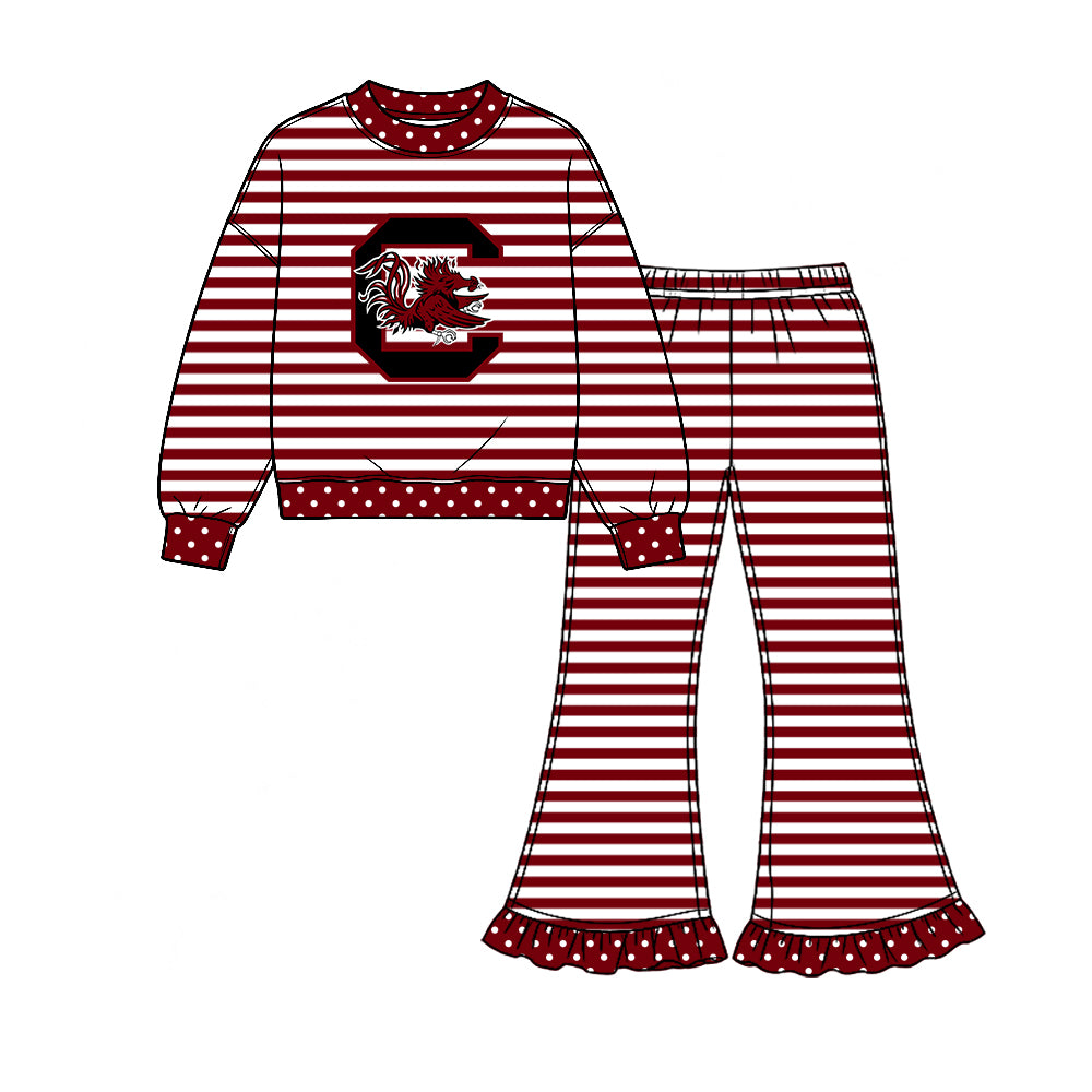 Preorder (moq 5) Baby Girl Clothes South Carolina Gamecocks Striped Print Long Sleeve Top Ruffle Flare Pant Outfit Set