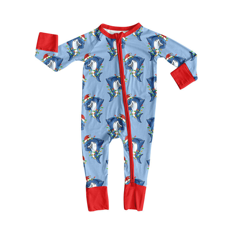 Preorder (moq 8)Baby Boys Sharks Lights Christmas Zipper Footie Rompers