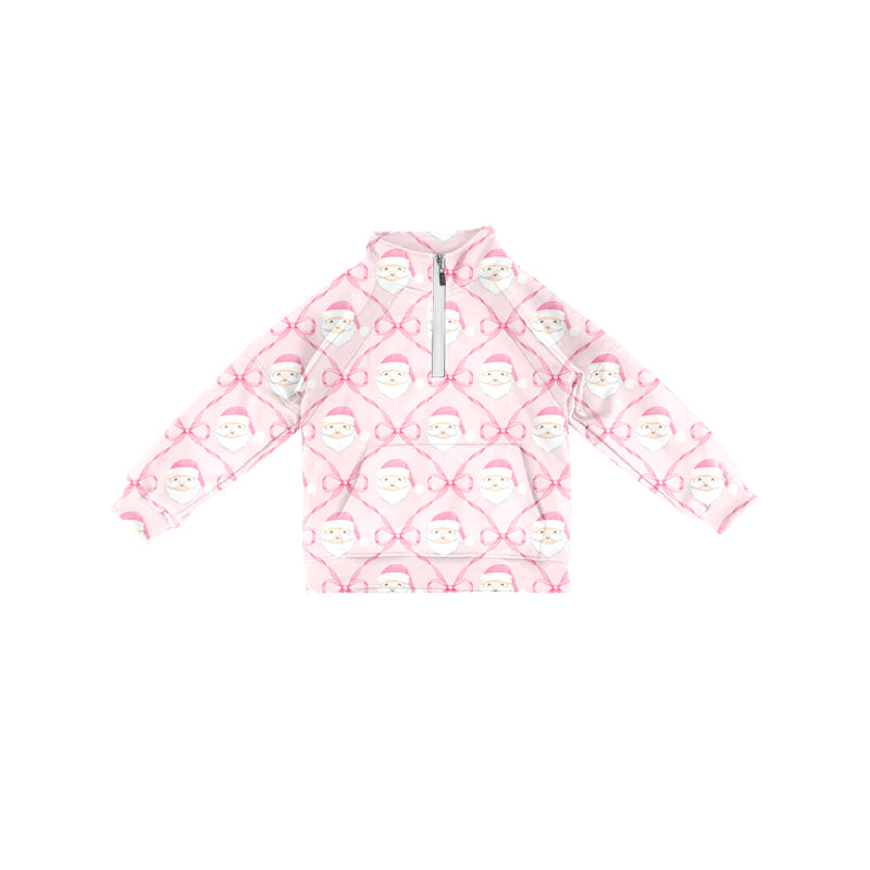 Preorder (moq 5)Baby Girls Long Sleeves Pink Bows Santa Plaid Pocket Zipper Pullovers Top