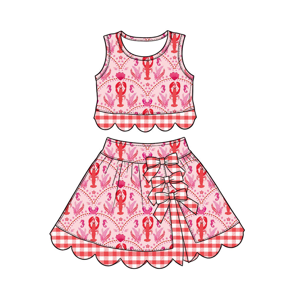 Preorder (moq 5) Baby Girl Clothes Lobster Crab Shell Allover Print Sleeveless Crop Top Skirt Outfit Set