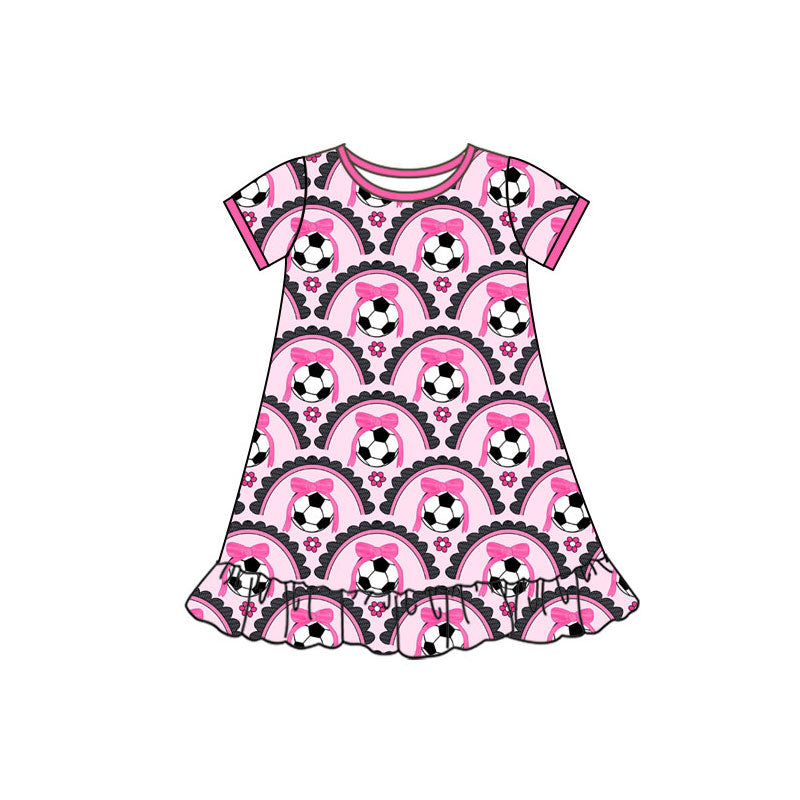 Preorder(moq 5) Baby Girls Short Sleeve Bows Footballs Checked Team Ruffle Knee Length Dresses