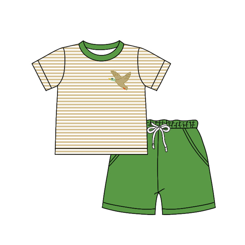 Preorder (moq 5)Baby Boys Short Sleeves Stripe Duck Top Pockets Green Short Set