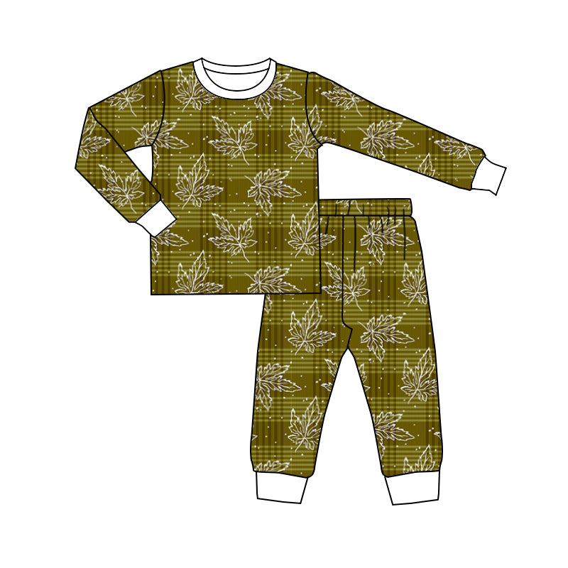 Preorder (moq 5)Baby Boys Green Checked Leaves Top Pant Fall Pajamas Set