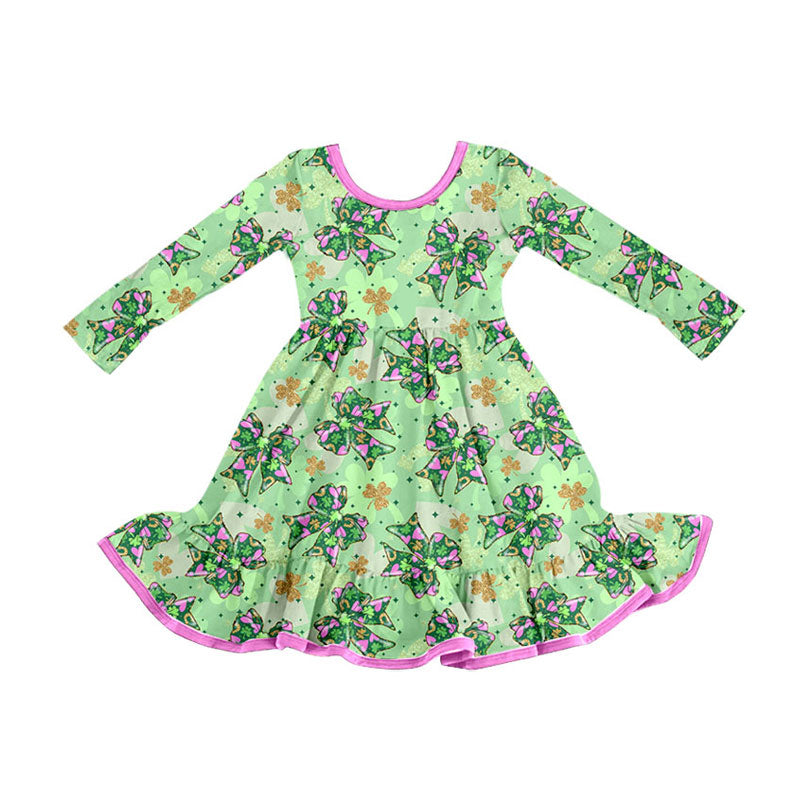 Preorder (moq 5)Baby Girls Clovers Bows St Patrick Ruffle Knee Length Dresses
