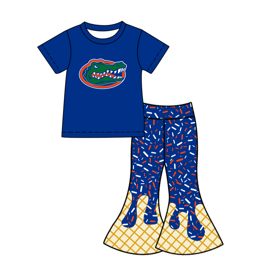 Preorder (moq 5)Baby Girls Blue Crocodiles Top Drip Sprinkles Bell Bottom Pants Team Clothes Sets