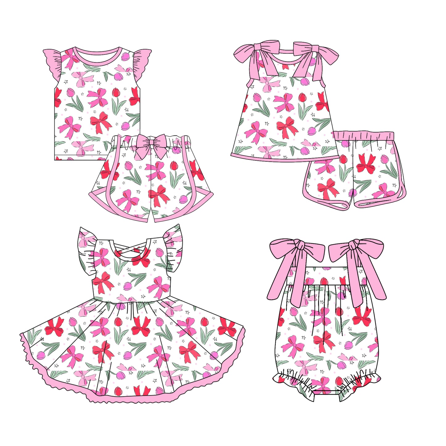 Preorder moq 5 Custom Baby Girls Bows Flowers Top Short Sets Knee Length Dress Ruffle Rompers
