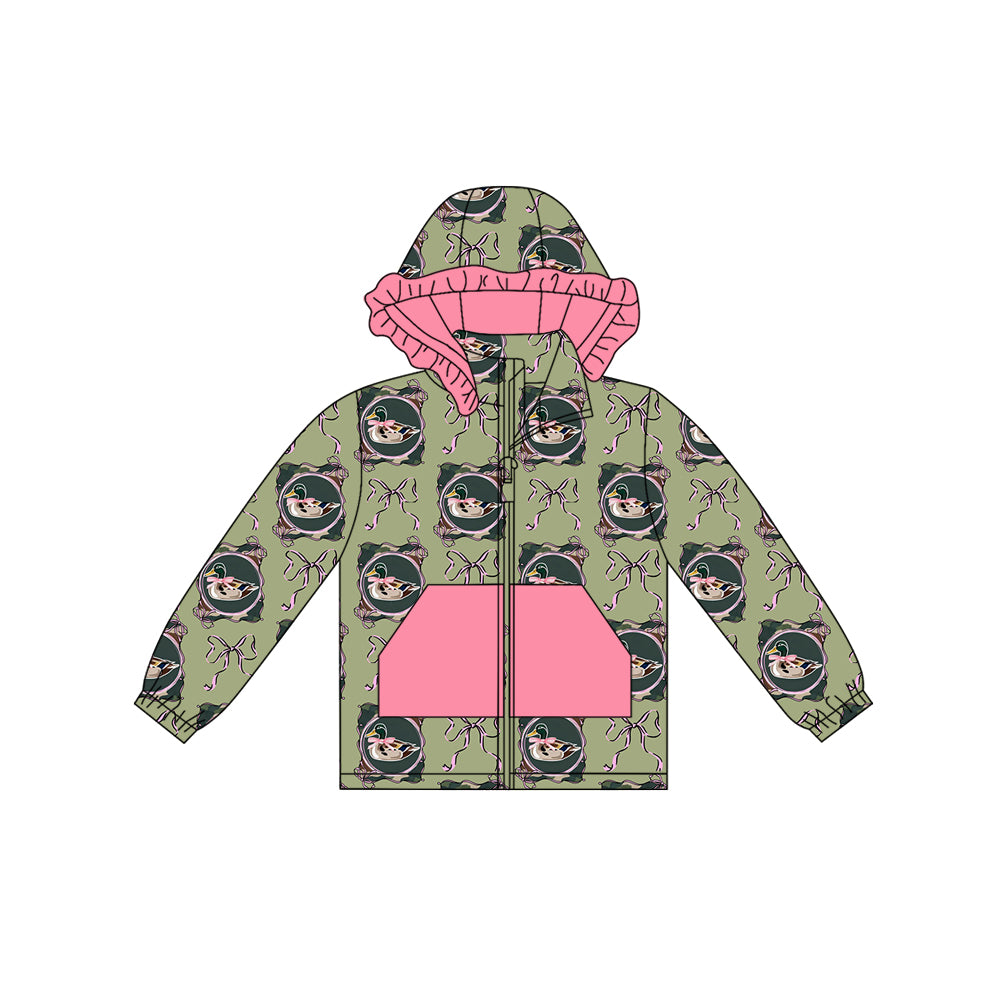 Preorder (moq 5)Baby Girls Bows Ducks Checked Pocket Zipper Western Ruffle Hoodies Top
