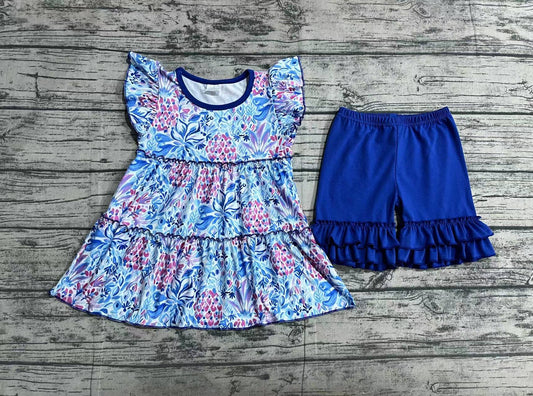 Baby Girls Blue Flowers Tunic Shorts Summer Clothes Sets
