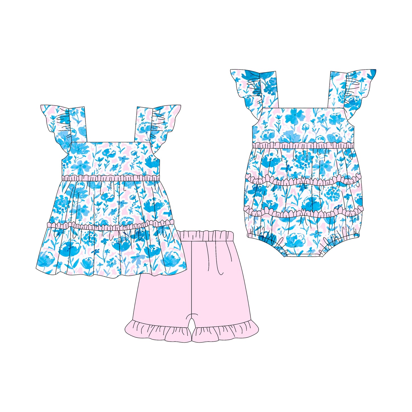 Preorder moq 5 Custom Baby Girls Flutter Sleeves Colorful Floral Tunic Pink Ruffle Short Set Rompers