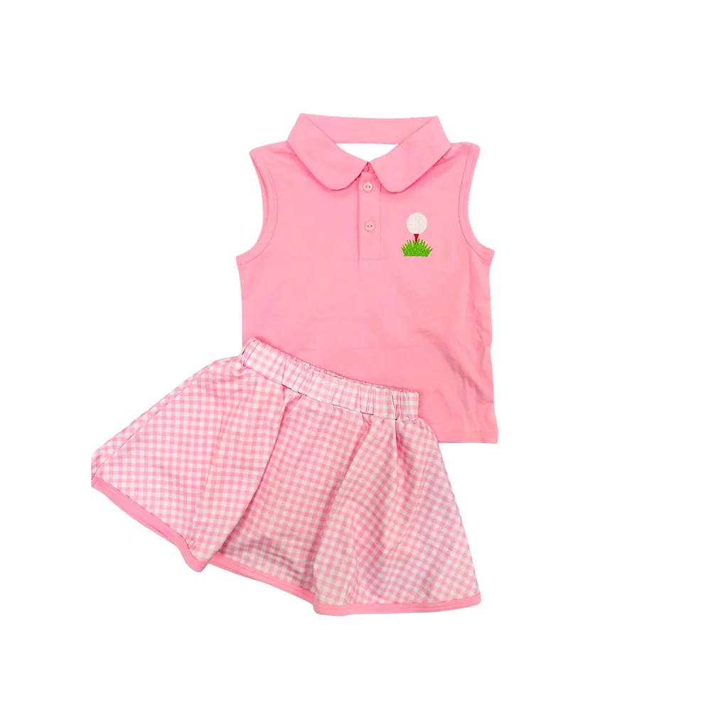 Preorder moq 5 Baby Girls Pink Sleeveless Golf Button Top Skorts Clothes Set