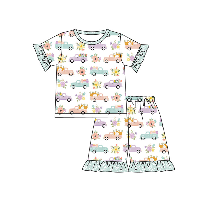 Preorder (moq 5)Baby Girls Spring Flowers Trucks Shirt Top Shorts Pajamas Clothes Sets