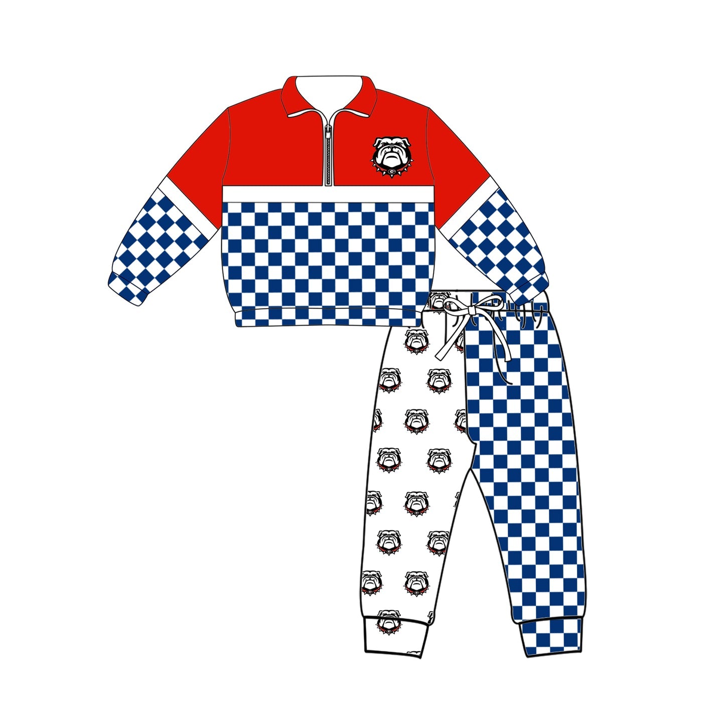 Preorder (moq 5)Baby Boys Blue Checked Zip Bulldogs Pullovers Top Jogger Team Clothes Set