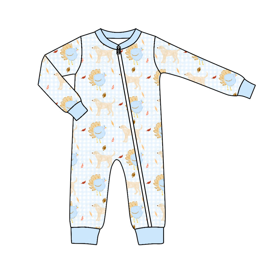 Preorder (moq 5)Baby Boys Dogs Footballs Fall Two Way Zip Convertible Rompers