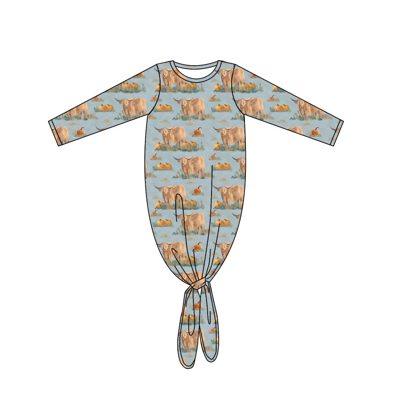 Preorder(moq 5)Baby Kids Blue Long Sleeves Cows Pumpkins Gowns