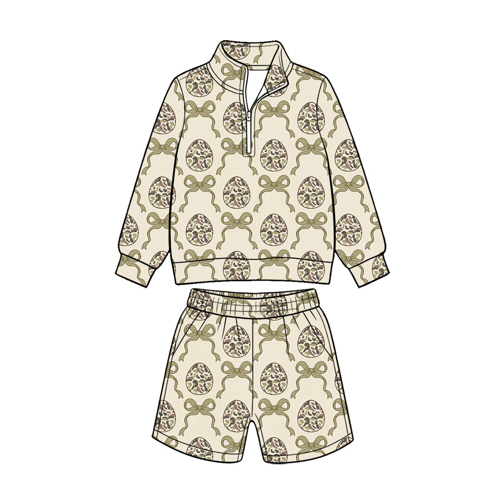 Preorder (moq 5) Baby Boy Clothes Easter Camo Egg Bow Print Long Sleeve Quarter Zip Top Short Set