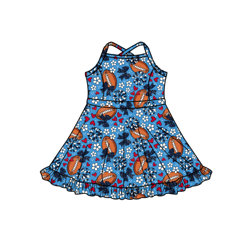 Preorder (moq 5)Baby Girls Strap Hot Blue Hearts Footballs Team Shorts Ruffle Knee Length Dress