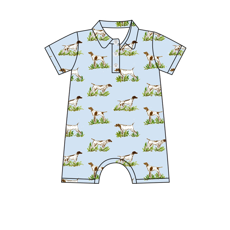 Preorder (moq 5)Baby Boys Blue Short Sleeves Dogs Button Rompers