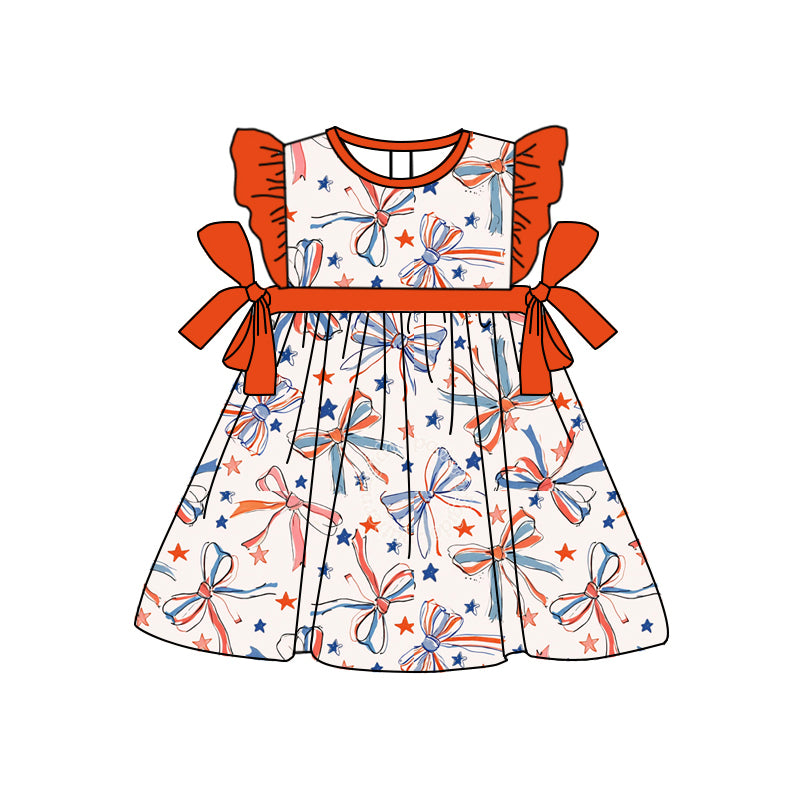 Preorder moq 5 Baby Girls Orange Flutter Sleeves Bows Stars 4th Of July Knee Length Dress
