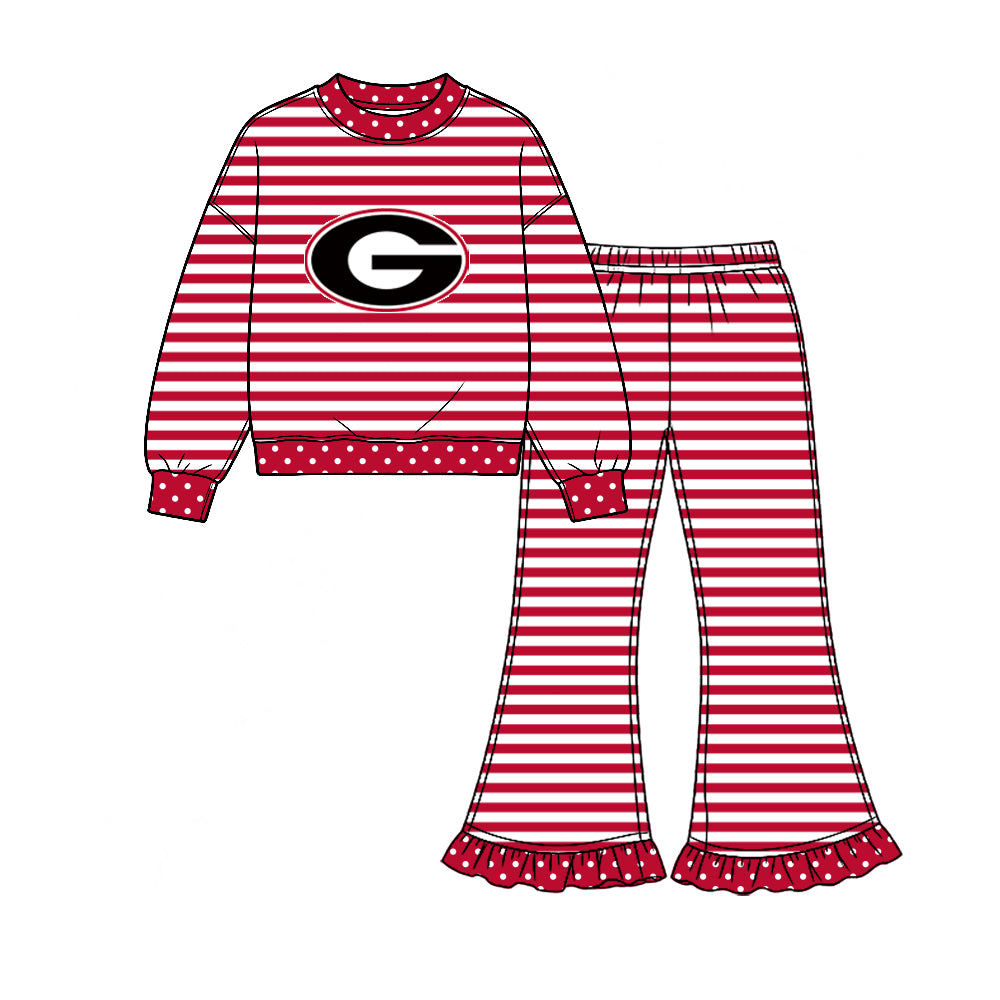 Preorder (moq 5) Baby Girl Clothes Georgia Bulldogs G Logo Striped Print Long Sleeve Top Ruffle Flare Pant Outfit Set