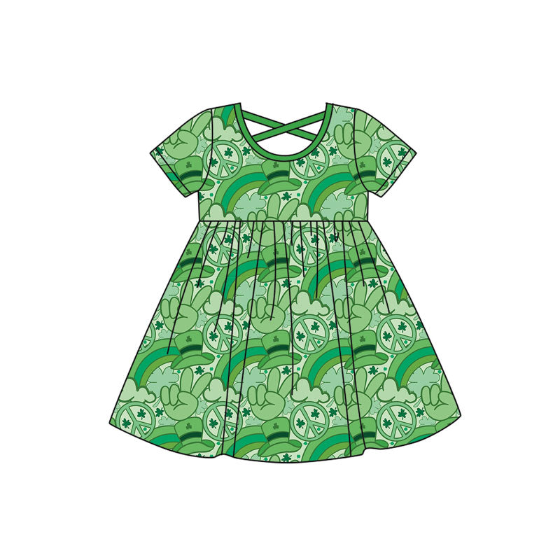 Preorder(moq 8)Baby Girls Green Hats Clovers Rainbows St Patrick Knee Length Dresses