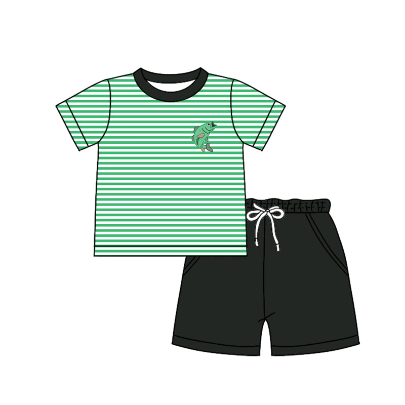 Preorder (moq 5)Baby Boys Short Sleeves Green Stripe Fish Top Pockets Black Short Set