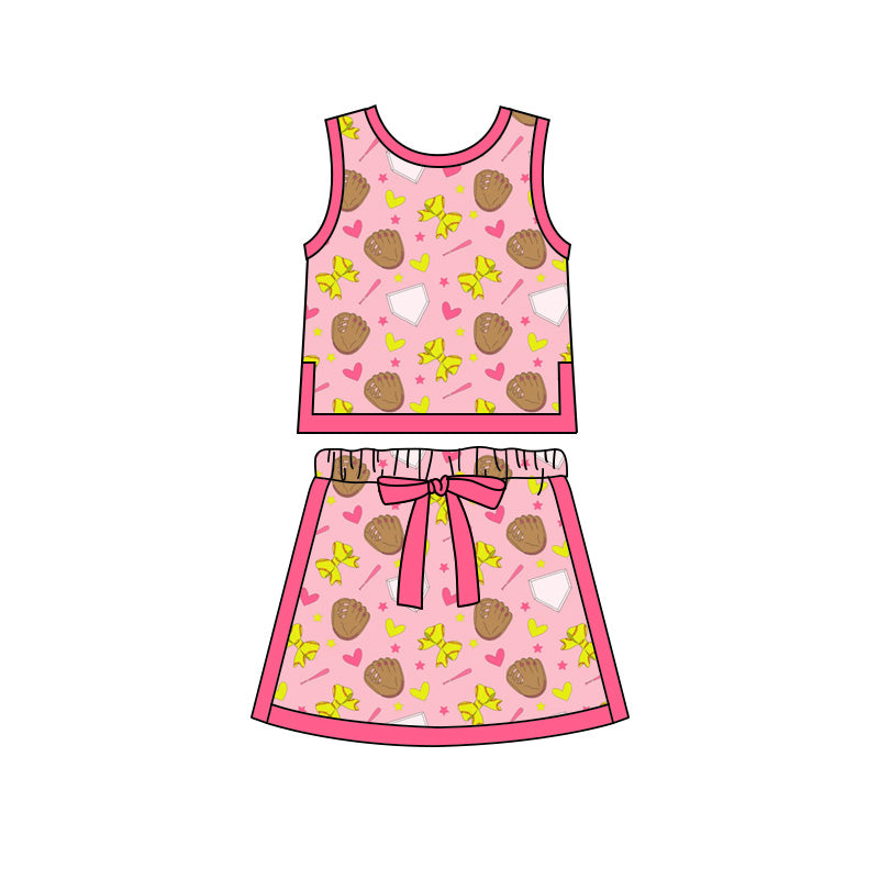 Preorder moq 5 Baby Girls Bow Softballs Hearts Vests Skirt Shorts Team Clothes Set