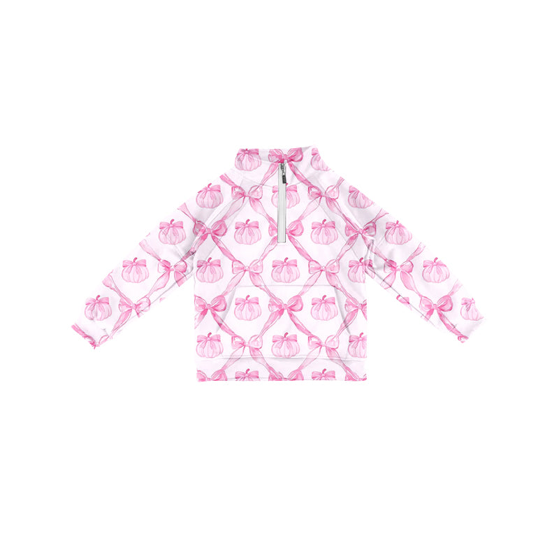Preorder (moq 5)Baby Girls Long Sleeves Pink Bows Pumpkins Plaid Pocket Zipper Pullovers Top