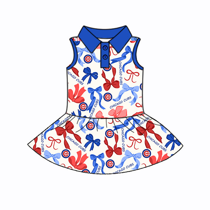 Preorder (moq 5)Baby Girls Sleeveless Blue Red Bows Plaid Chicago Cubs Button Team Knee Length Dresses