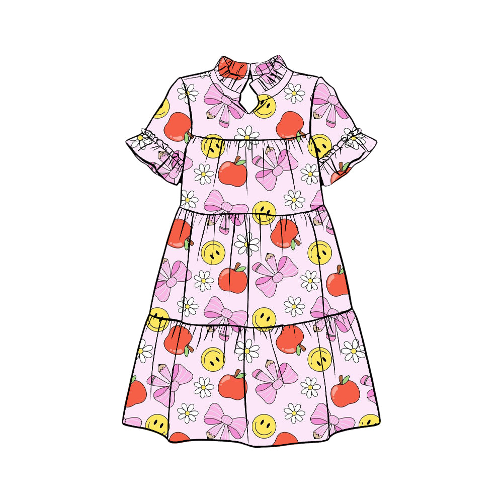 Preorder (moq 5)Baby Girls Apples Bows Flowers Back to School Patchwork Knee Length Dress