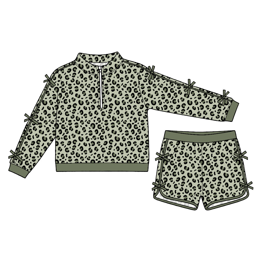 Preorder (moq5) Baby Girls Green Leopard Bows Zip Pullover Pockets Short Clothes Set
