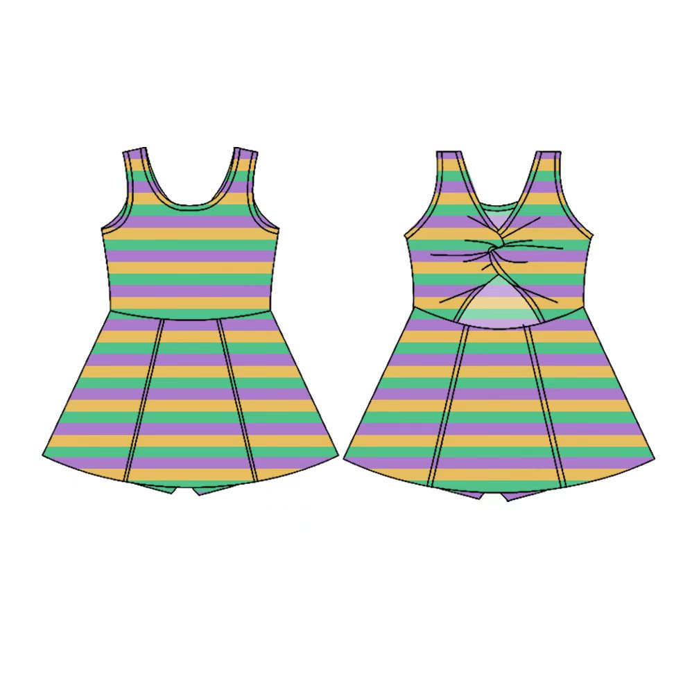 Preorder(moq 5) Baby Girls Sleeveless Mardigras Stripes Shorts Knee Length Dresses