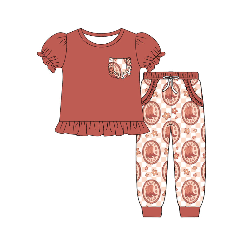 preorder(MOQ 5)Baby Girls Short Ruffle Sleeves Pocket Tunic Boots Flowers Pants Set