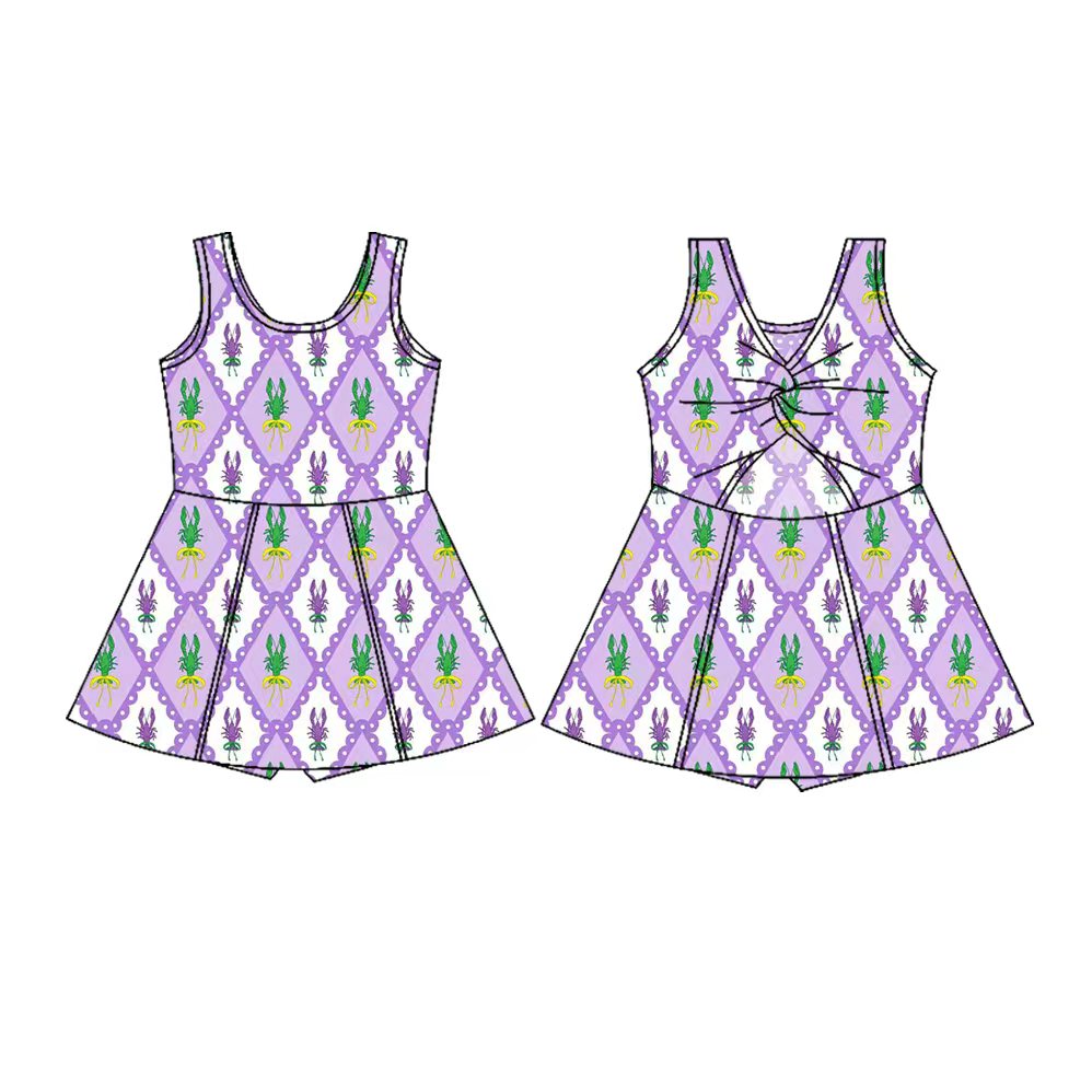 Preorder(moq 5) Baby Girls Sleeveless Mardigras Crayfishes Checked Shorts Knee Length Dresses