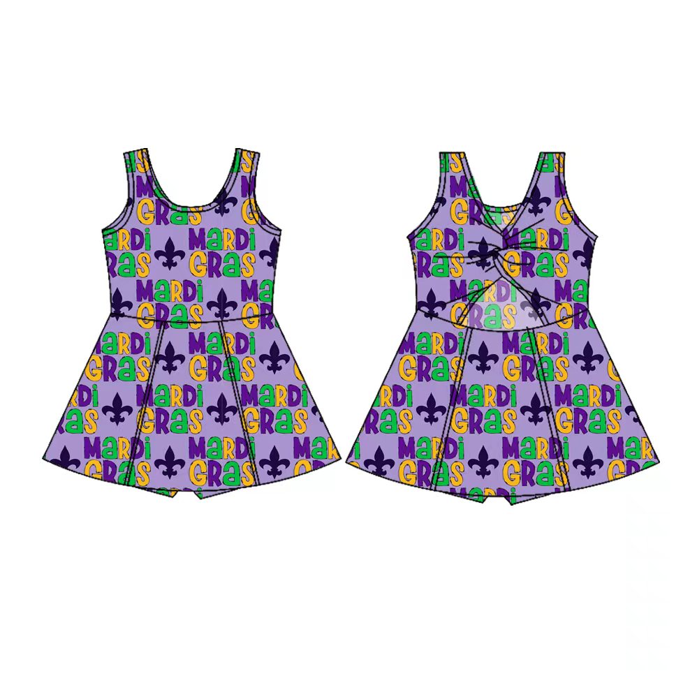 Preorder(moq 5) Baby Girls Sleeveless Mardigras Anchors Plaid Shorts Knee Length Dresses