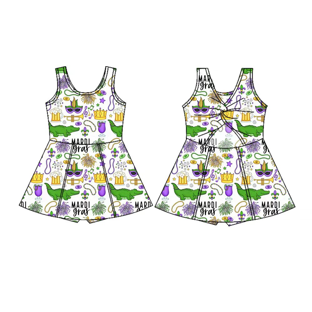 Preorder(moq 5) Baby Girls Sleeveless Mardigras Crocodiles Masks Shorts Knee Length Dresses