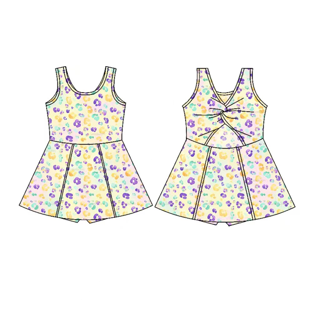 Preorder(moq 5) Baby Girls Sleeveless Mardigras Leopard Shorts Knee Length Dresses