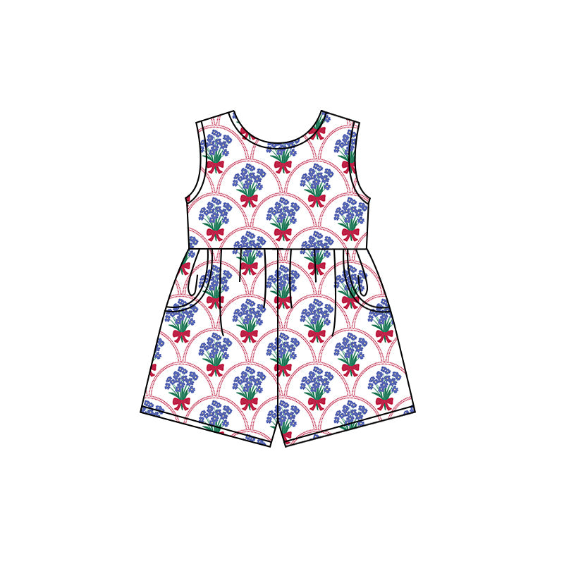 Preorder (moq 5)Baby Girls Blue Flowers Bows Shorts Summer Jumpsuits