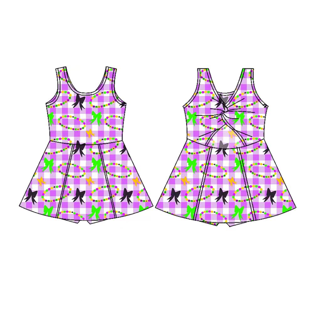 Preorder(moq 5) Baby Girls Sleeveless Mardigras Bows Necklaces Checked Shorts Knee Length Dresses